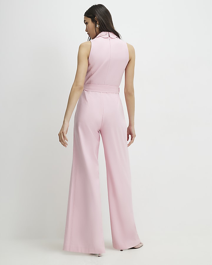 Pink Linen Blend Scallop Trim Jumpsuit