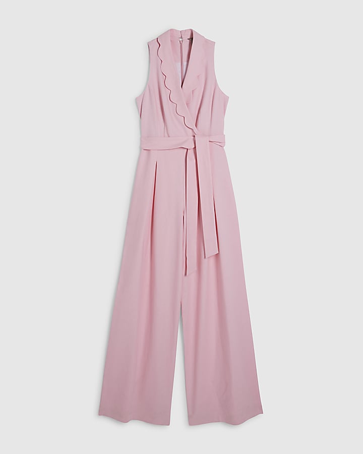 Pink Linen Blend Scallop Trim Jumpsuit