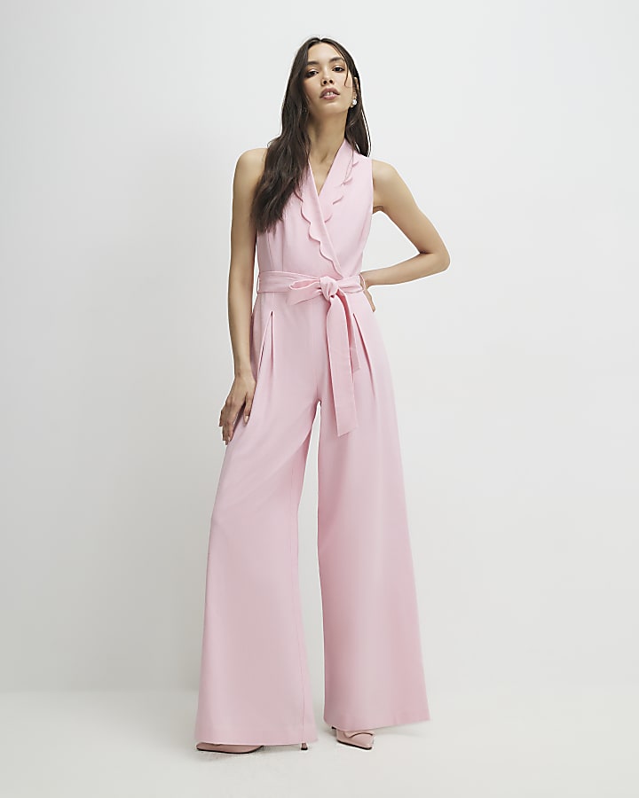 Pink Linen Blend Scallop Trim Jumpsuit
