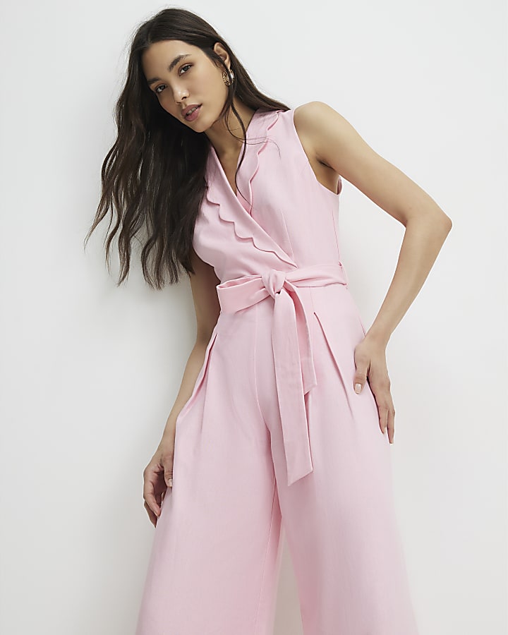 Pink Linen Blend Scallop Trim Jumpsuit