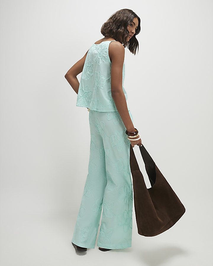 Blue Floral Textured Trousers