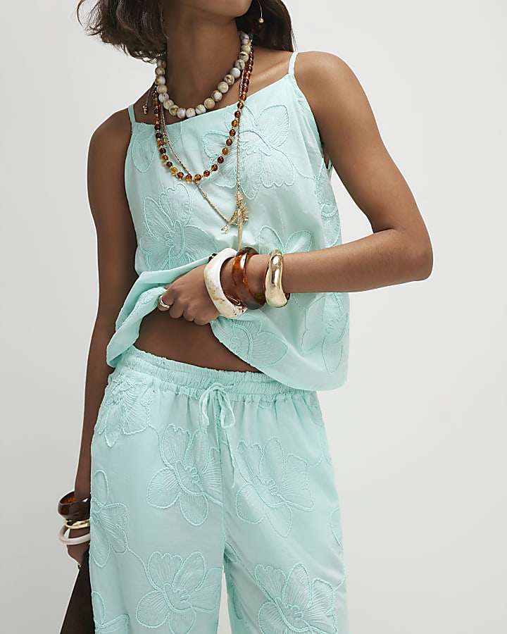 Blue Floral Textured Trousers