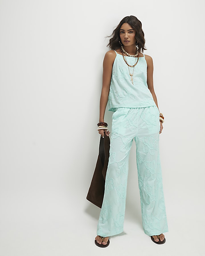 Blue Floral Textured Trousers