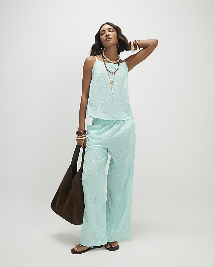 Blue Floral 3D Embroidered Tank Top