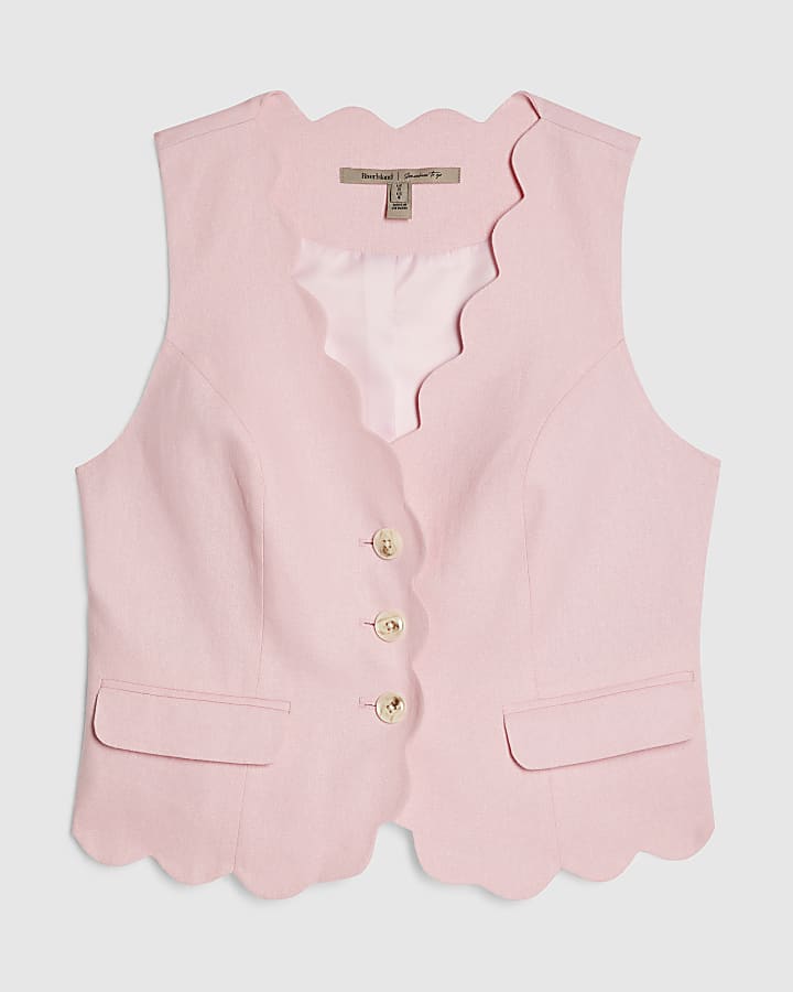 Pink Linen Blend Scallop Trim Waistcoat