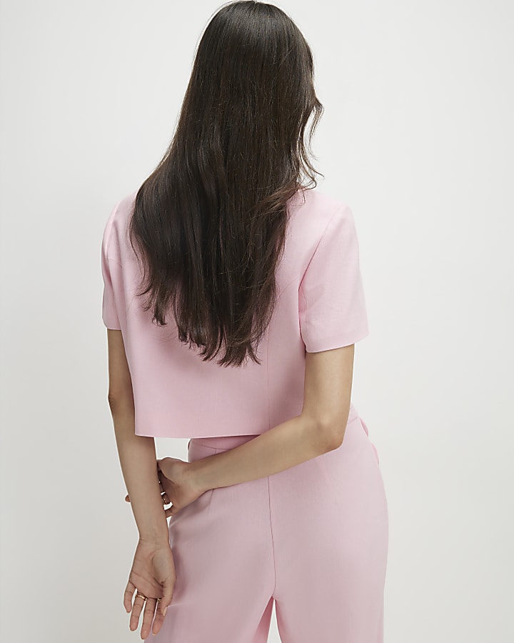 Pink Linen Blend Cropped Scallop Trim Jacket