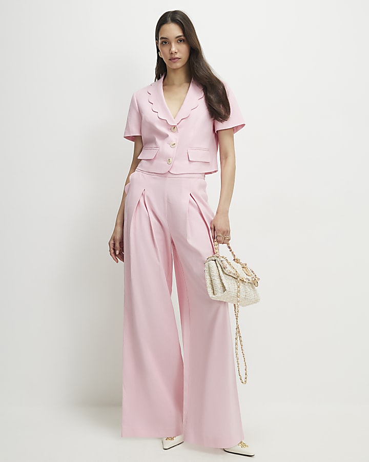 Pink Linen Blend Cropped Scallop Trim Jacket