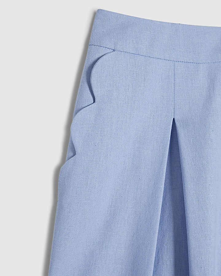 Blue Linen Blend Scallop Wide Leg Trousers