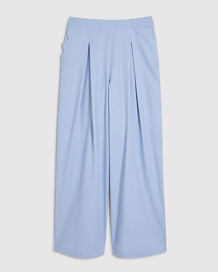 Blue Linen Blend Scallop Wide Leg Trousers