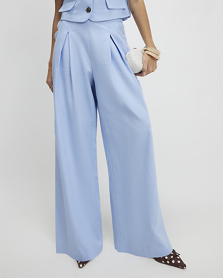 Blue Linen Blend Scallop Wide Leg Trousers