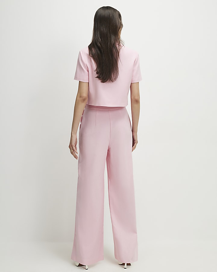 Pink Linen Blend Scalloped Wide Leg Trousers