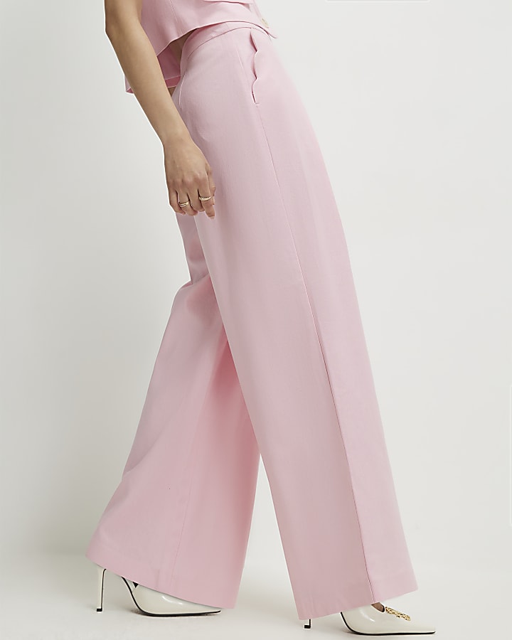 Pink Linen Blend Scalloped Wide Leg Trousers