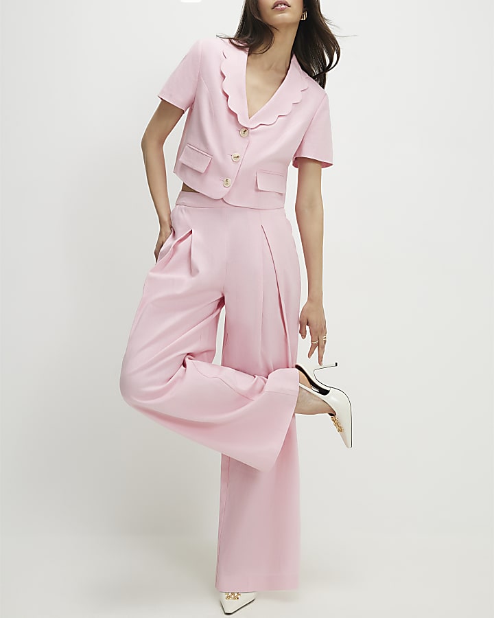 Pink Linen Blend Scalloped Wide Leg Trousers