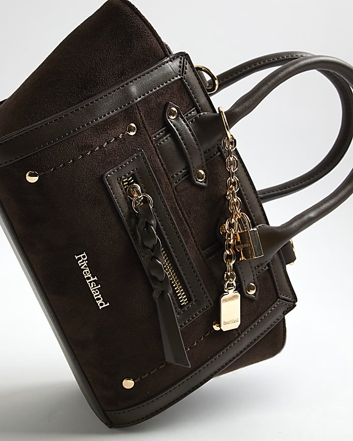 Brown Small Winged Panelled Zip Tote Bag