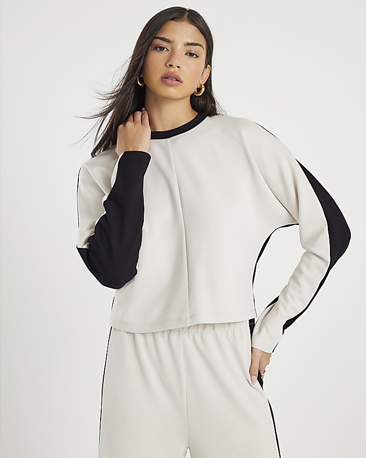 Cream Colour Block Batwing Sweatshirt