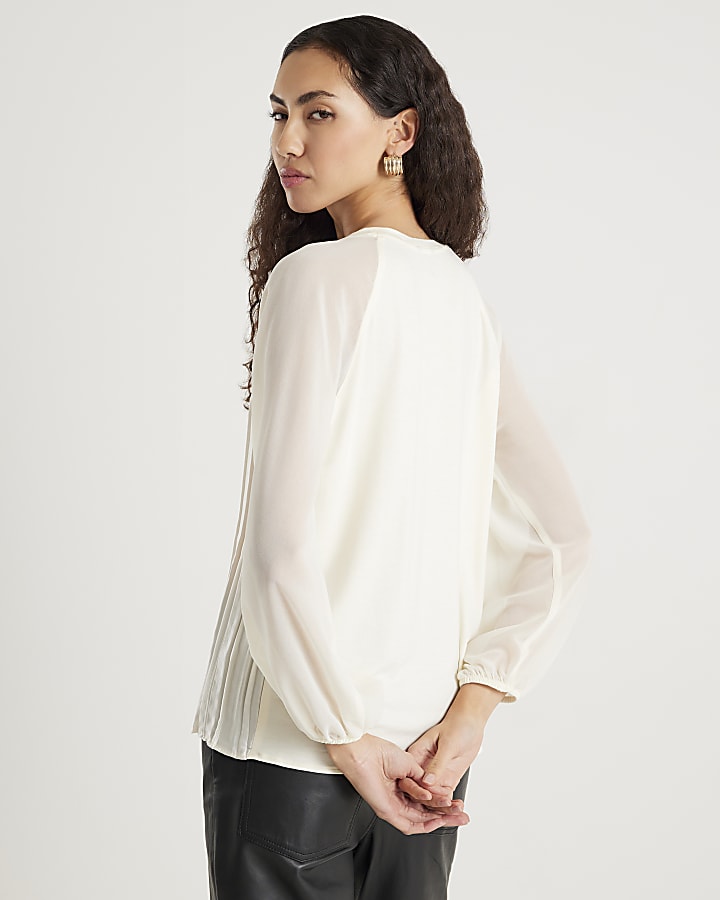 Cream Pleat Front Sheer Sleeve Blouse