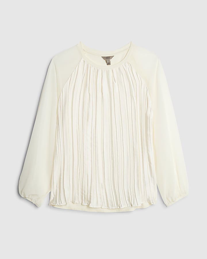 Cream Pleat Front Sheer Sleeve Blouse