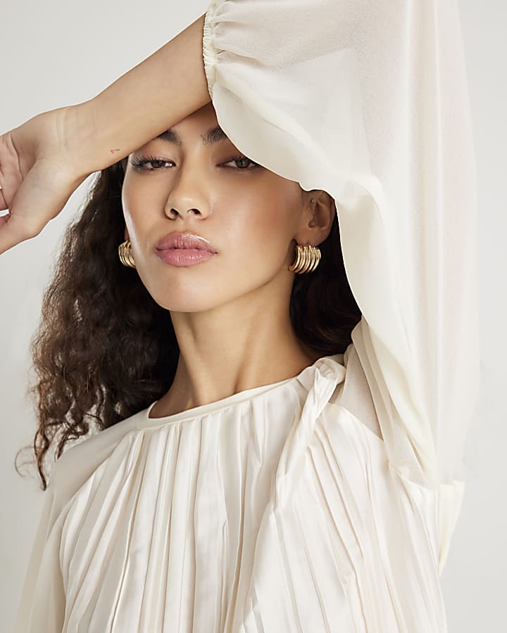 Cream Pleat Front Sheer Sleeve Blouse