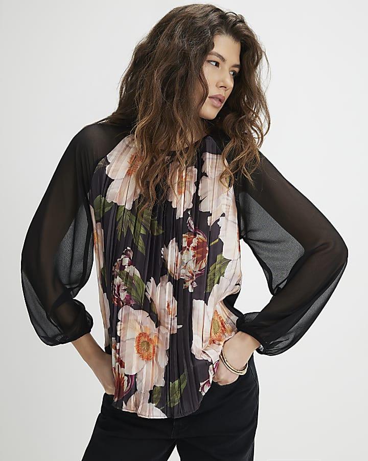 Black Floral Pleated Long Sleeve Top