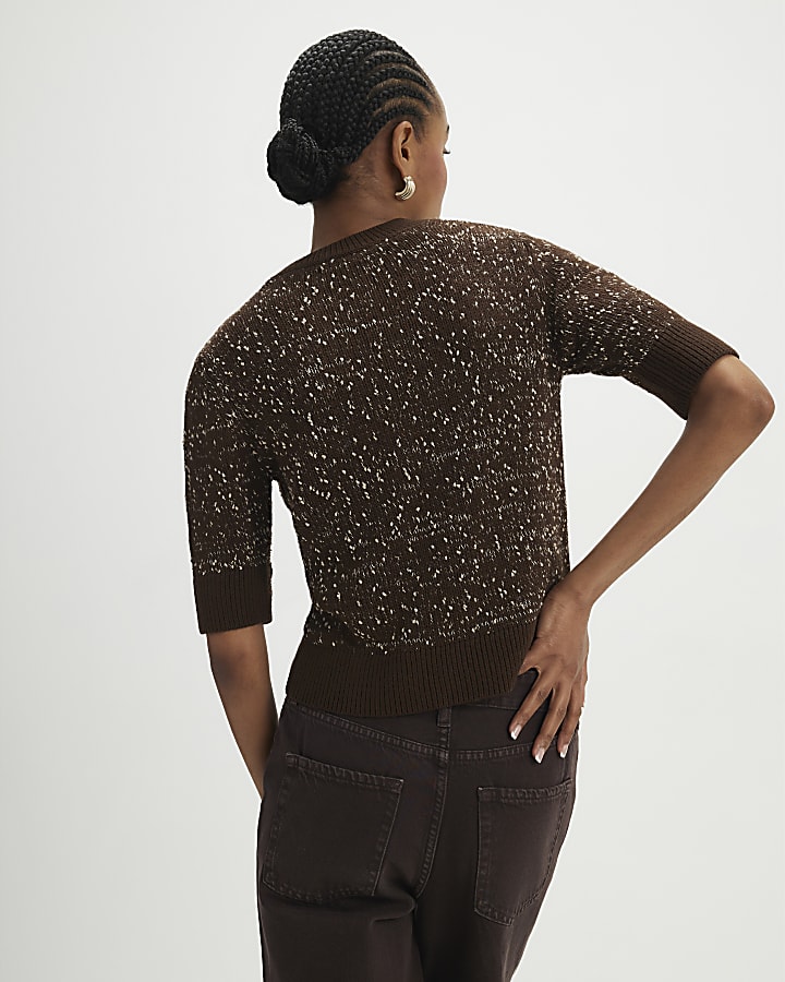 Brown Textured Knit Short Sleeve Top