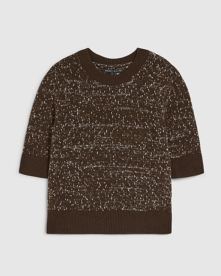 Brown Textured Knit Short Sleeve Top