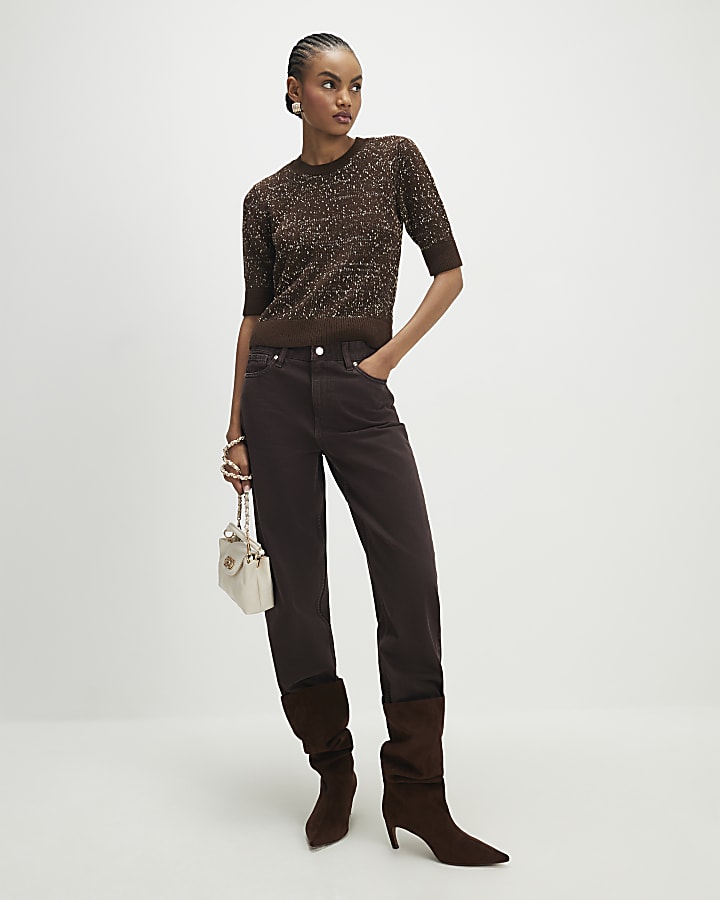 Brown Textured Knit Short Sleeve Top