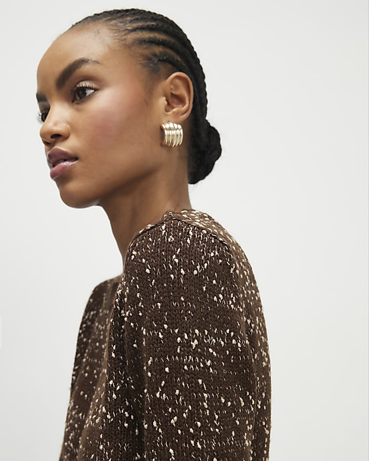 Brown Textured Knit Short Sleeve Top