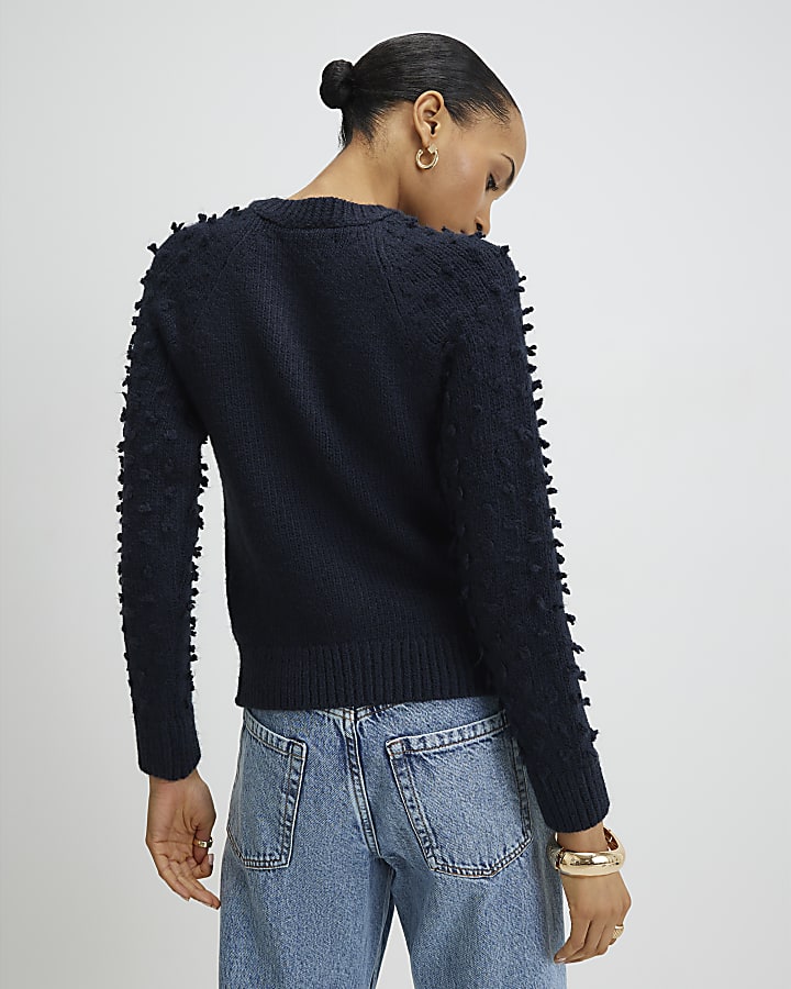 Navy Knitted Bobble Sleeve Cardigan