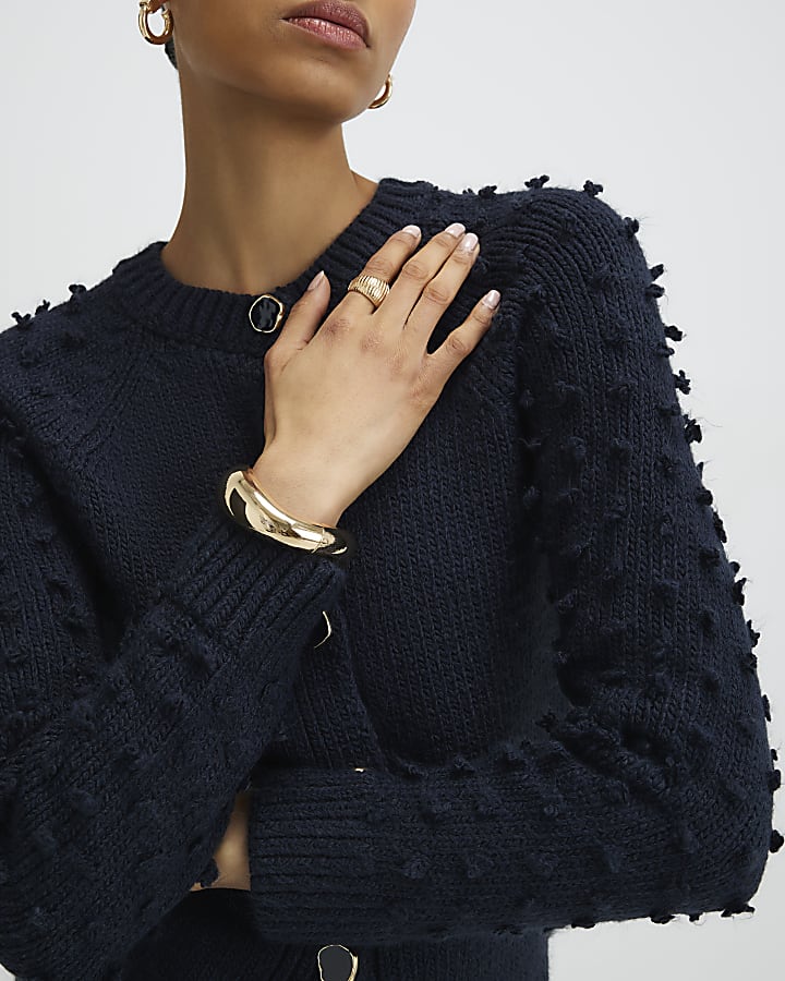 Navy Knitted Bobble Sleeve Cardigan