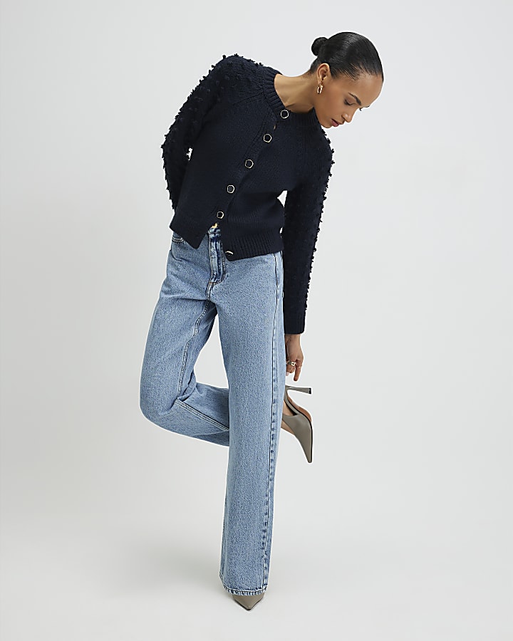 Navy Knitted Bobble Sleeve Cardigan