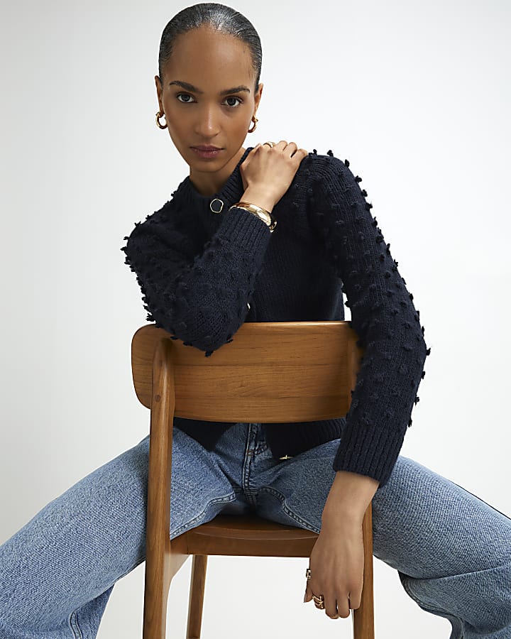 Navy Knitted Bobble Sleeve Cardigan