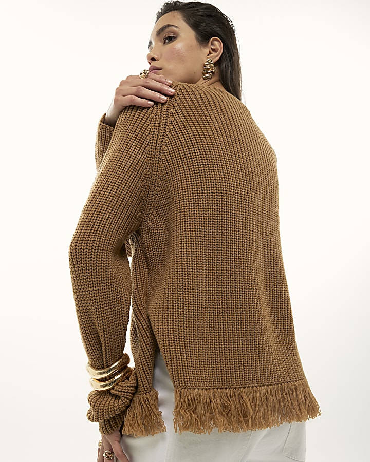 Brown Knitted Long Sleeve Fringed Hem Jumper