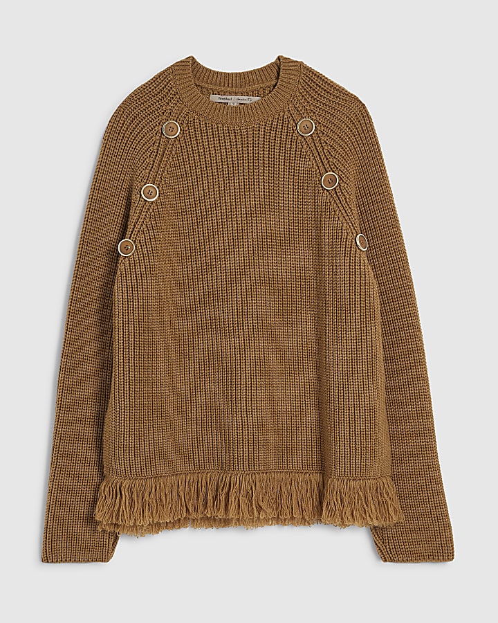 Brown Knitted Long Sleeve Fringed Hem Jumper