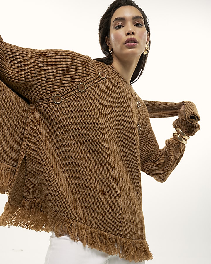 Brown Knitted Long Sleeve Fringed Hem Jumper