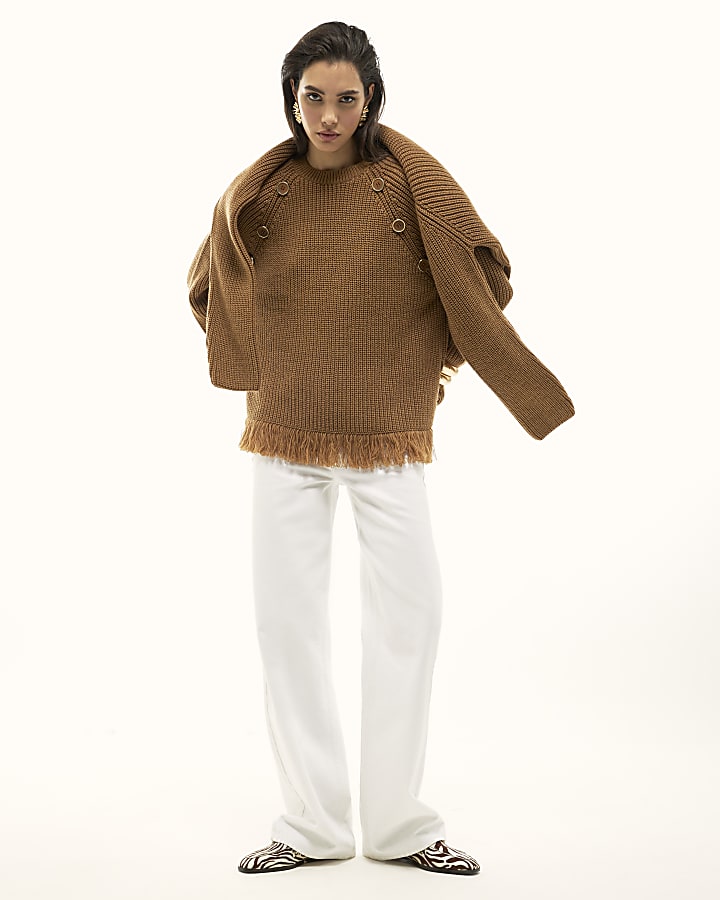 Brown Knitted Long Sleeve Fringed Hem Jumper