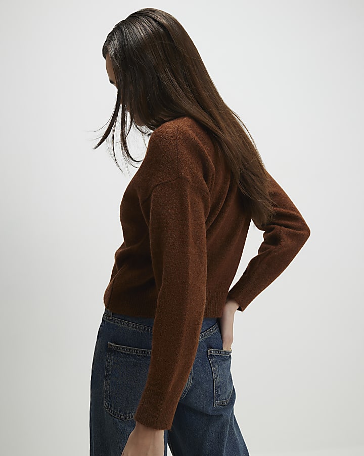 Brown V Neck Lace Trim Jumper
