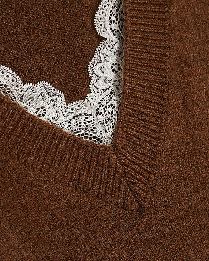Brown V Neck Lace Trim Jumper River Island