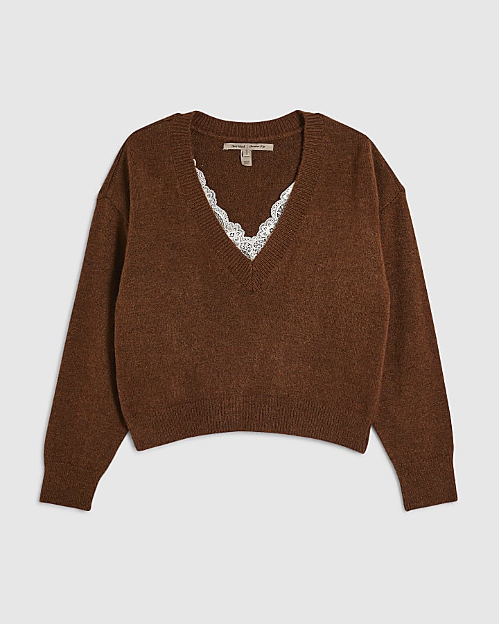 Brown V Neck Lace Trim Jumper