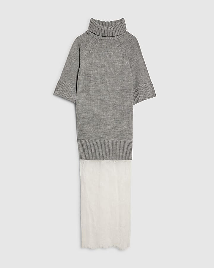 Grey Hybrid Lace Hem Dress