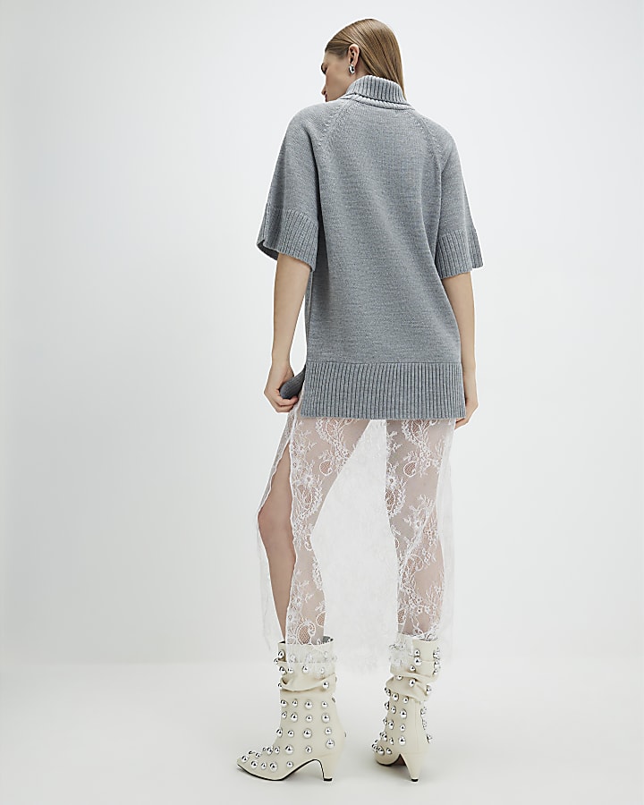 Grey Hybrid Lace Hem Dress