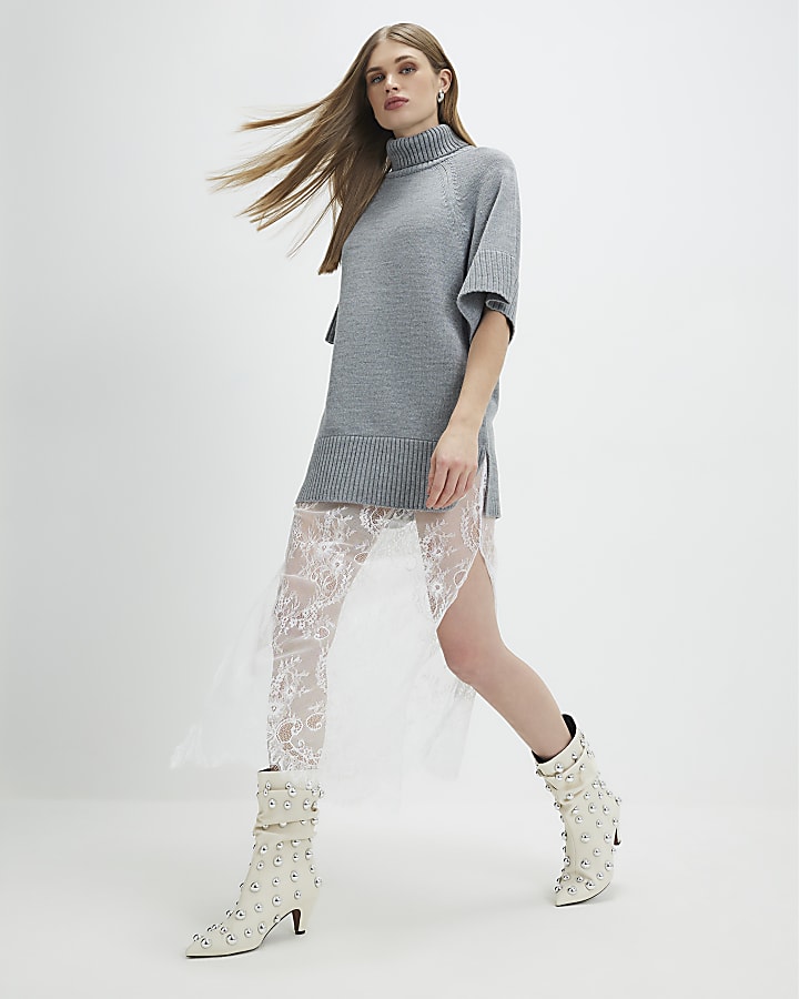 Grey Hybrid Lace Hem Dress