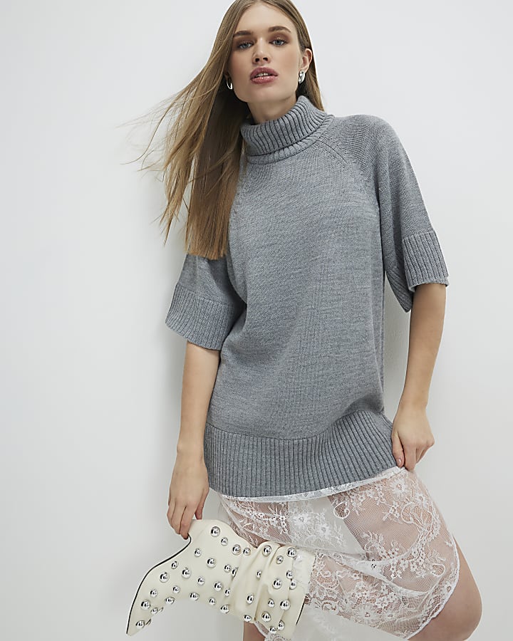 Grey Hybrid Lace Hem Dress