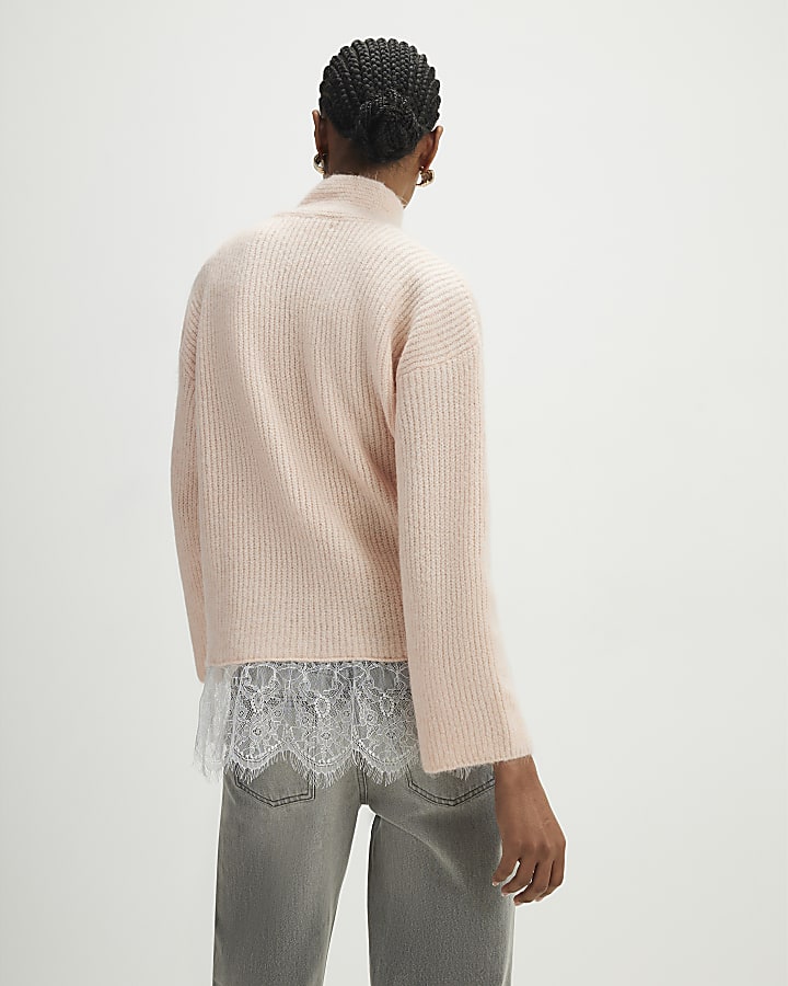 Pink Scarf Neck Lace Hem Jumper
