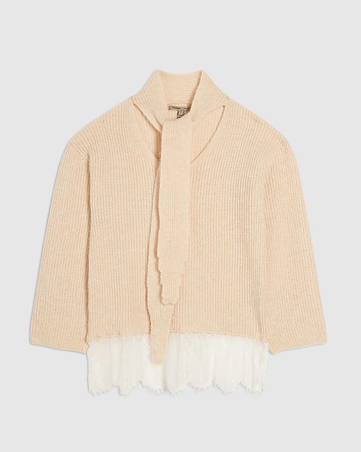 Pink Scarf Neck Lace Hem Jumper