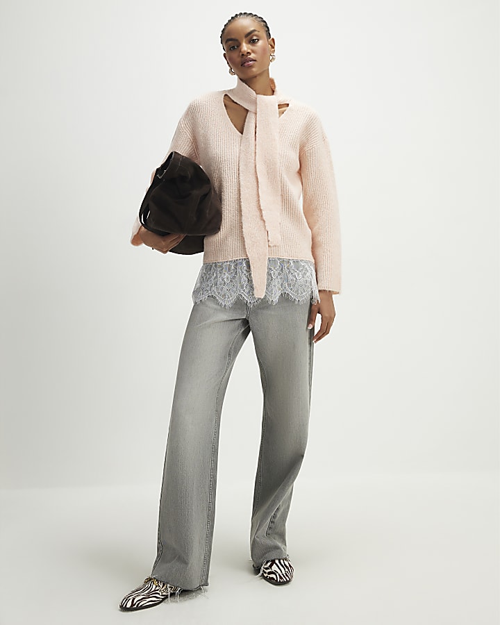 Pink Scarf Neck Lace Hem Jumper