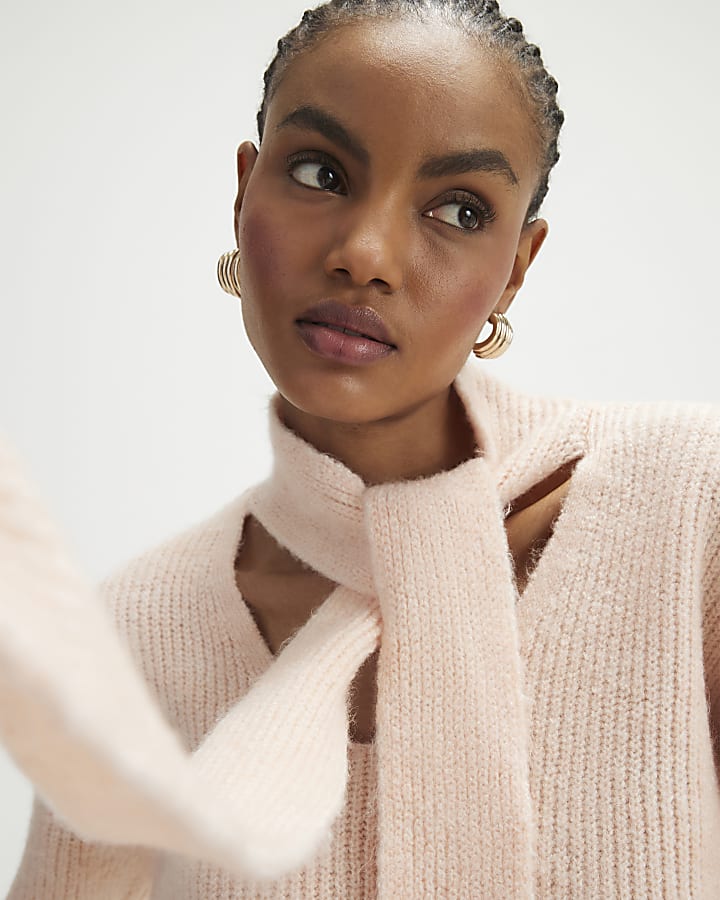 Pink Scarf Neck Lace Hem Jumper