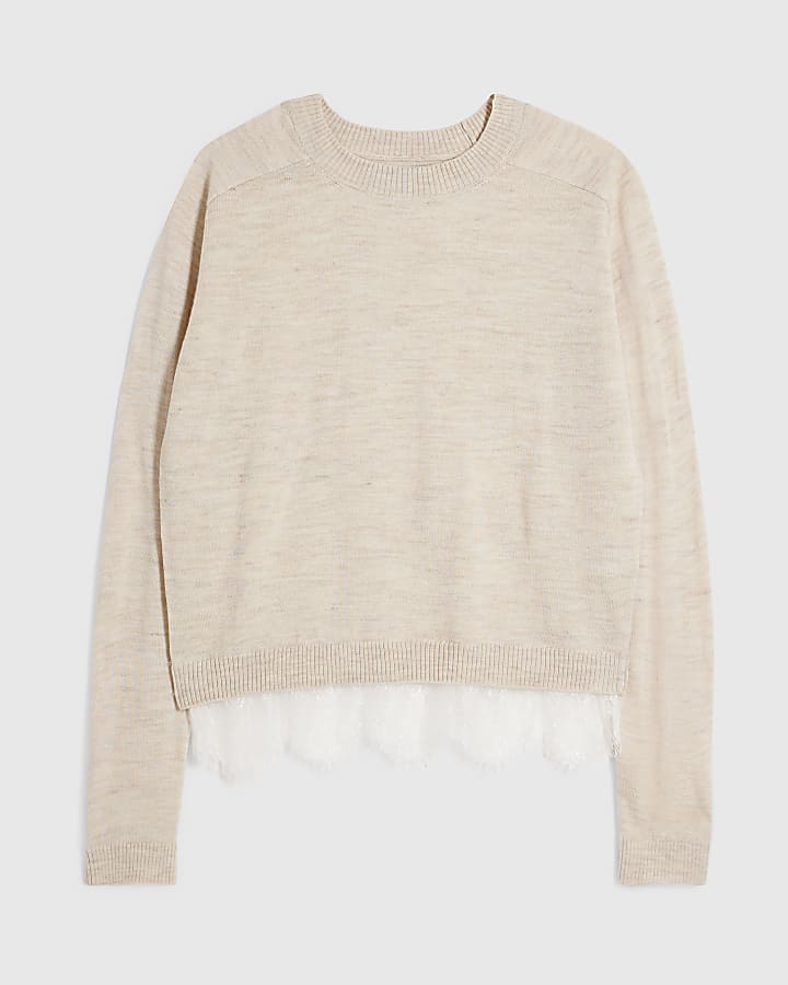 Beige Knitted Hybrid Lace Top
