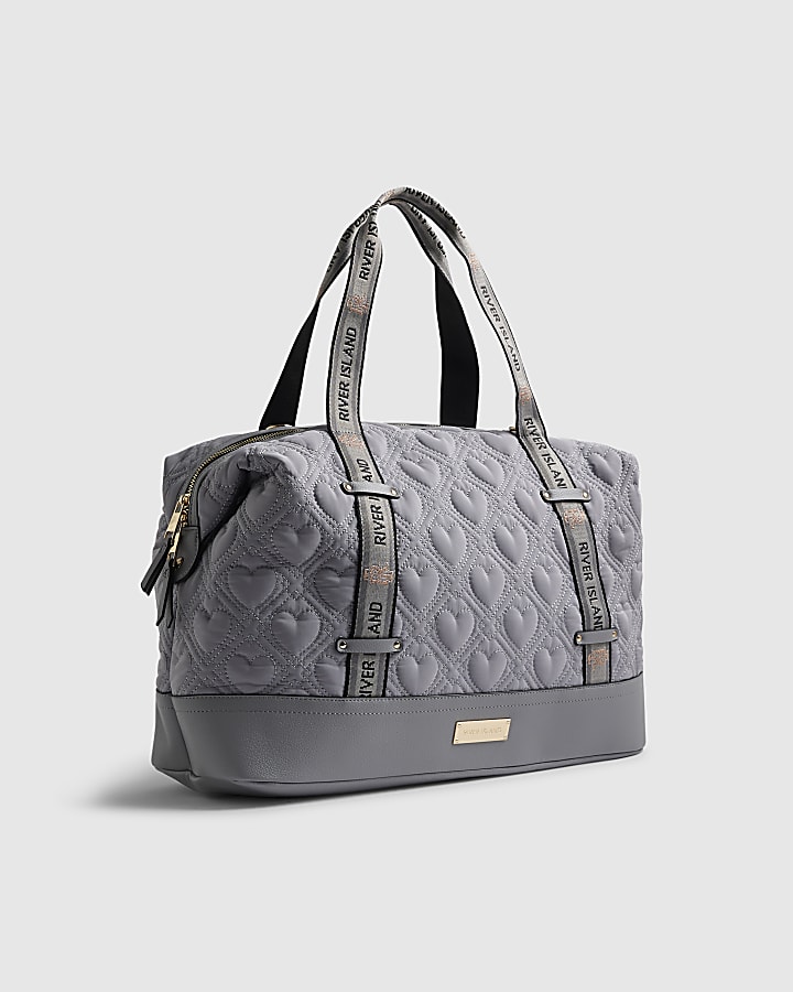Grey Heart Quilted Holdall Bag