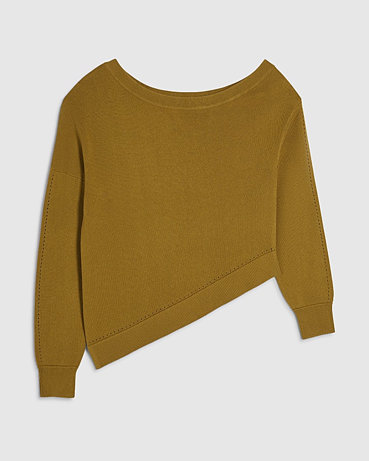 Khaki Linen Blend Knit Asymmetric Jumper