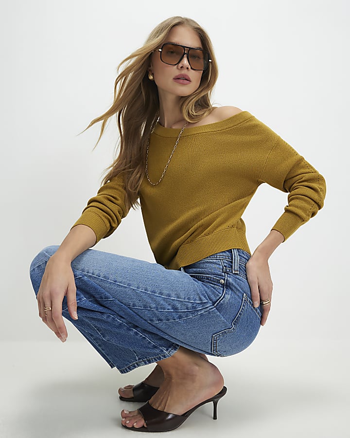 Khaki Linen Blend Knit Asymmetric Jumper